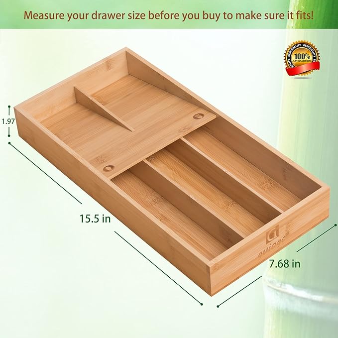 guiogc Bamboo Silverware Organizer, Kitchen Silverware Drawer Organizer, Utensil Tray Holder, Cutlery Tray for Spoons, Forks, Knives