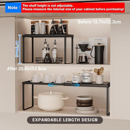 Magheo Expandable Cabinet Shelf Organizer, 2 Pack Stackable Kitchen Counter Shelf Riser, Metal Spice Rack Heavy Duty Countertop Organizer Storage for Kitchen, Pantry, Cupboard, Rv (8.7in Height,Black)