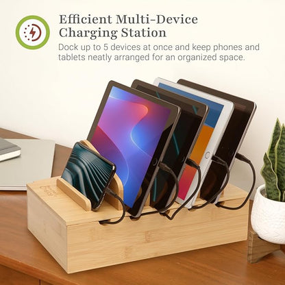 Prosumer's Choice Wooden Charging Station Organizer - 5-Port Base for Phones, Tablets and Laptops - Multi-Device Docking Station with Removable Divider Slots - Cord Box with Cable Management - Bamboo
