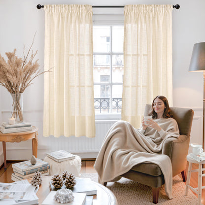 Cream Beige Linen Semi Sheer Curtains 42 X 63 Inch Length 2 Panels Set (2 Count)