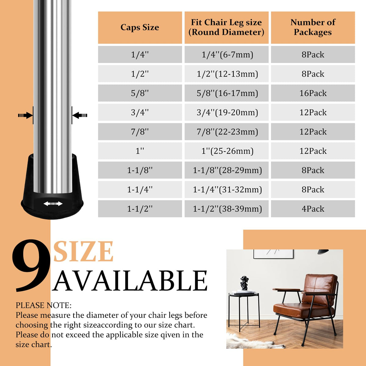1-1/8” Round Rubber Chair Leg Tips Caps, Chair Leg Floor Protectors -8 Pack (8 Count)
