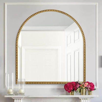 33x31 Inch Arched Bathroom Mirror, Antique Gold Wall Mirror Metal Beaded Frame, Vanity Mirror for Dresser Living Room Bedroom Mantel Entryway Hallways