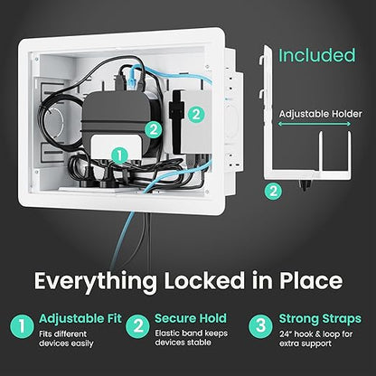ynVISION.DESIGN 9" Recessed in-Wall Media Box for TV – Flush Wall AV Enclosure with Adjustable Shelf, Cable Straps & Vented Cover – Compatible with Apple TV, Roku & More - Pack of 2
