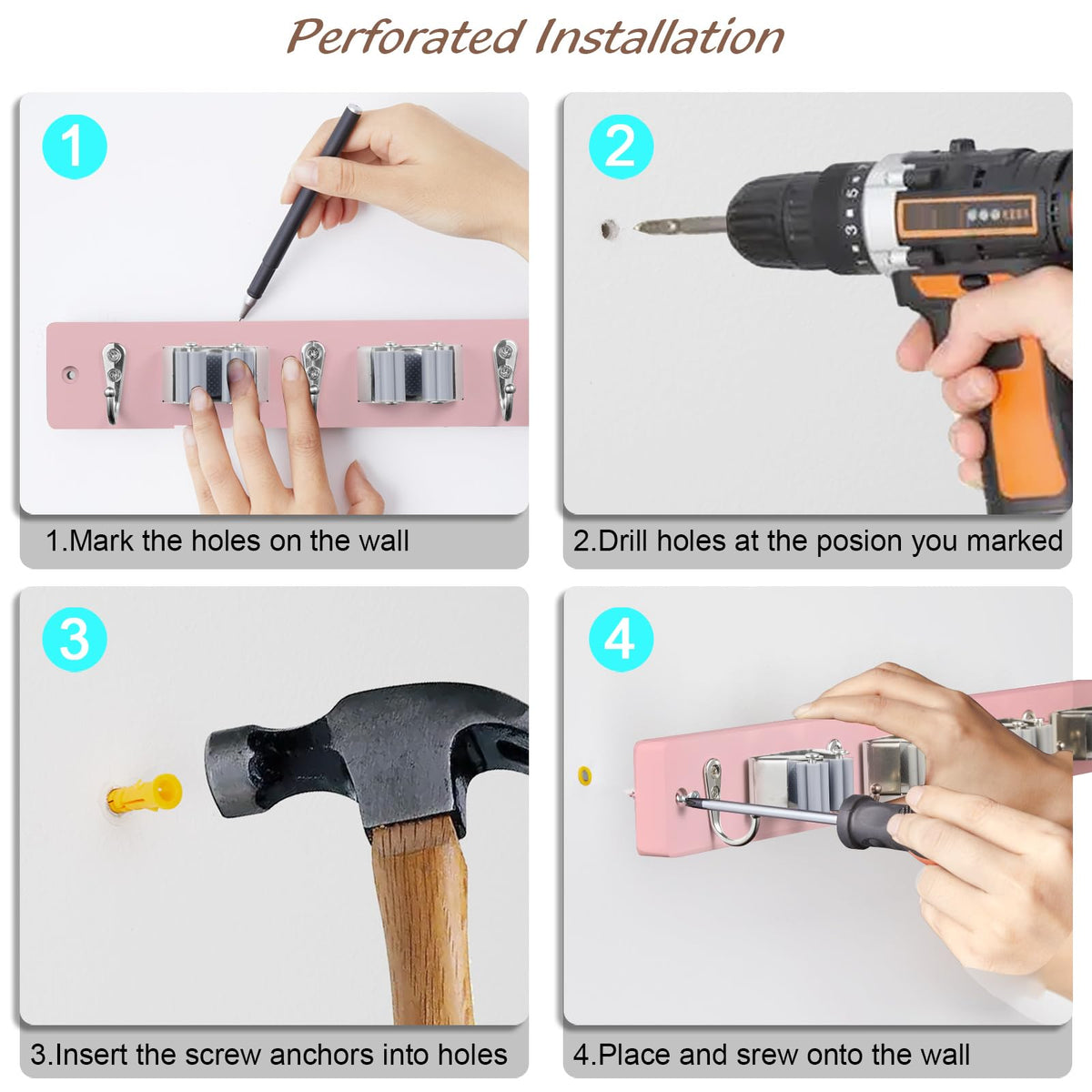 Pink Mop Broom Holder Wall Mount with 4 Slots & 4 Hooks
