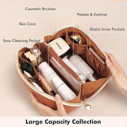 Prite Makeup Bag for Women Travel Waterproof Vegan Leather Cosmetic Bag Open Flat Toiletry Bag With Clear Divider and Handle (New Brown, Large)