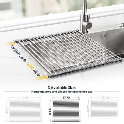 17.7" x 15.5" Roll Up Dish Drying Rack Over Sink Drying Rack Sink Cover Kitchen Sink Accessories Gadget Multipurpose Organizer Foldable Stainless Steel Drainer