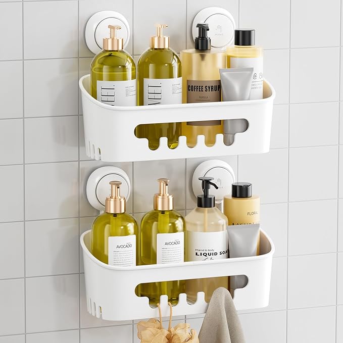 TAILI Shower Caddy Suction Cup 2 Pack, Heavy Duty Bathroom Organizer, Removable Shelves for Inside Shower, Shampoo, Waterproof Suction Plastic Storage for Bathroom Accessories Holder, White
