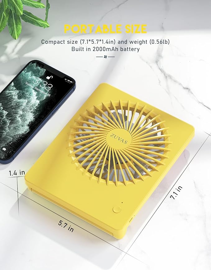 Zuvas Desk Fan Battery Operated Fan Rechargeable 180°Tilt Folding Personal Fan Ultra Quiet Small Portable 3 Speed Adjustable Strong Wind Fan For Office Bedroom Home Desktop Camping (Yellow)