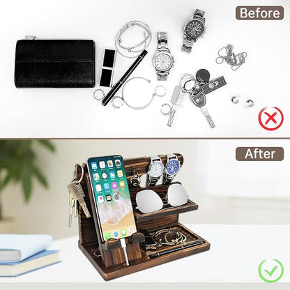 Gifts for Men Wood Phone Docking Station Birthday Gift for Men Valentines Day Gifts Father Gift for Him Boyfriend Nightstand Organizer Desktop Phone Stand (Update Brown)