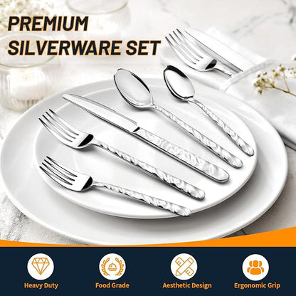 NICE KITCHEN Silverware Set, 40 Piece Premium Stainless Steel Flatware Set for 8, Heavy Duty Silverware Cutlery Sets with Wavy Patterns, Spoons and Forks Set, Mirror Polished, Dishwasher Safe