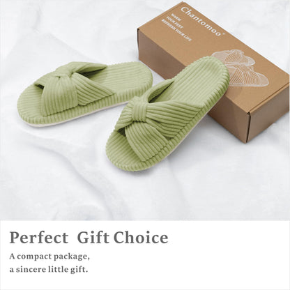 Slippers for Women Memory Foam House Bedroom Corduroy Bow Crossbands Slipper Shoes Comfy Trendy Gift Slippers Avocado Green Size 9 10 8.5