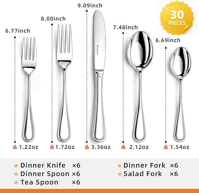 NICE KITCHEN Silverware Set for 6,30 Piece Heavy Duty Stainless Steel Flatware Set - Mirror Polished Cutlery Set,Dishwasher Safe Utensil Set with Knives Forks Spoons,Luster Series