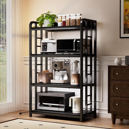 Adjustable Bakers Rack with Power Outlet, 4 Tier Microwave Oven Stand, Heavy Duty Kitchen Storage Rack for Garage Dining Room, Black