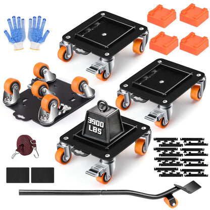 Furniture Dolly 5 Wheels Heavy Duty with Removable Side Guards 3900Lbs Capacity 360°Rotating Wheels Side Brake 5 Rollers Casters Cart Furniture Movers Lifter Tool for Sofas Beds Appliances Safe (4 Count)
