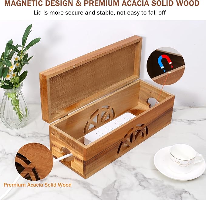 Wood Cable Management Box - 15.8" (L) x 6" (W) 5.5" (H) Acacia Wood Cable Hider Box, Cord Hider with Magnet Design & Outlet Hole, Power Strip Surge Protect & Organizer for Home Office Kitchen TV Wires