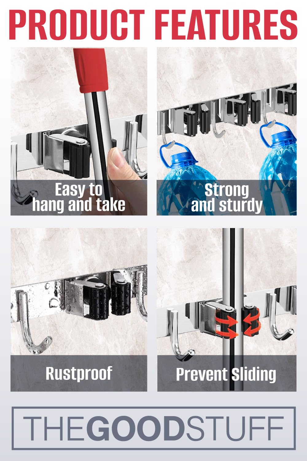 Compact Mop and Broom Holder Wall Mount