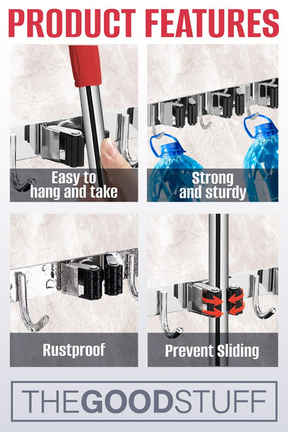 Compact Mop and Broom Holder Wall Mount