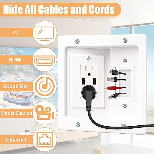 TV Cord Hider for Wall Mounted TV, in-Wall Cable Management System with Recessed Power Outlet, Power & Low Voltage Cable Concealer Kit for Clean and Organized Home Theater Setup(AC+ USB)