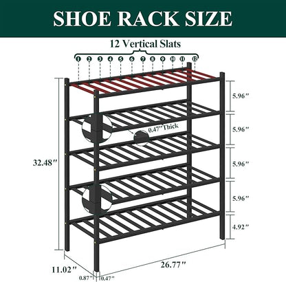 Smiry Bamboo Shoe Rack, 5 Tier Free Standing Wooden Shoe Organizer, Stackable Wood Shoe Storage Shelf for Closet, Entryway, 12 Vertical Slats, 2+2+1 Stack Standard Legs, 26.8"x11"x32.5", Black
