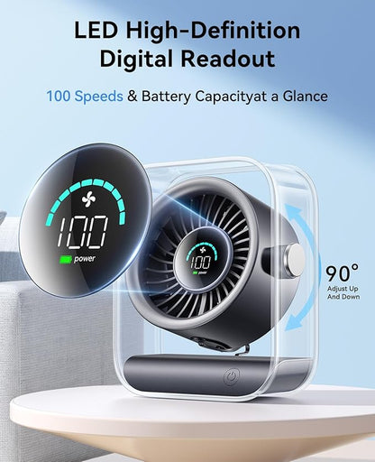 DIGIX Portable Desk Fan for Bedroom, Rechargeable Small Table Fan with 100 Speeds, 90° Rotation, Turbo Airflow, LED Display, Quiet Personal USB Cooling Fan for Office Home Travel Camping, Black