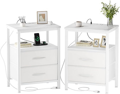 DUMOS Nightstand Set of 2 with Built in Charging Station USB Ports and Outlets Adjustable Fabric Drawer Storage Bedside Table with Open Shelf for Bedroom,White