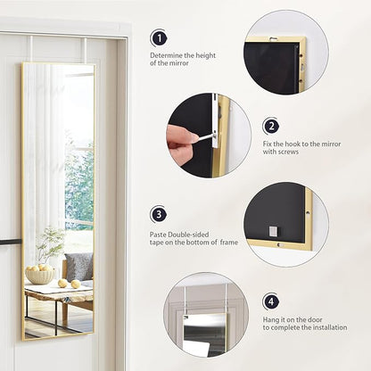 BEAUTYPEAK 14" x 48" Adjustable Height Over The Door Mirror, Rectangular Full Length Hanging Door Mirror with Shatterproof Tempered Glass Aluminum Alloy Frame for Dormitory, Gold