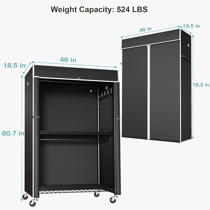 FUTASSI Black Clothing Rack with Black Cover, P1C Plus Rolling Closet with Wheels, Metal Garment Rack for Hanging Clothes, Clothing Storage Wardrobe, 46" W x 18.5" D x 80.7" H, Load 524 Pounds