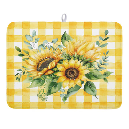 Sunflower Dish Drying Mat 18x24 Inch Absorbent Reversible Summer Sunflower Drying Mat Summer Plaid Dish Drying Rack Mat Yellow Summer Themed Dish Drainer Mat for Kitchen Counter Coffee Bar