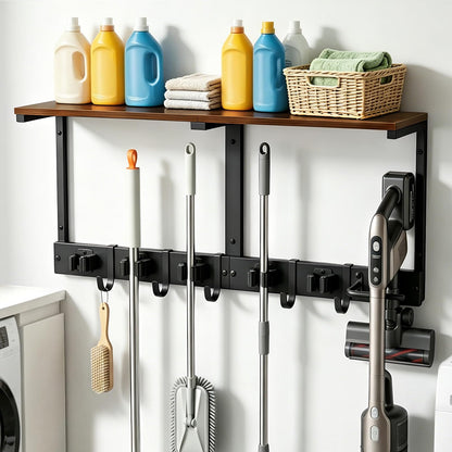 Heavy Duty Broom Holder Wall Mount with Cleaning Supplies Organizer