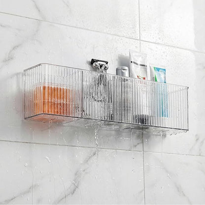 4 Pack Wall Mount Makeup Organizer, 14" Plastic Bathroom Storage Organizer with 3 Compartments, Clear Adhesive Shower Floating Shelf Cabinet Door Organizer for Wall Narrow Space Office