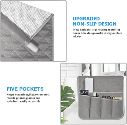 Sofa Armrest Organizer Non-Slip Arm Chair Bedside Caddy Storage Organizer for Recliner Couch with 5 Pockets for Cell Phone TV Remote Control Magazines (LIGHT GRAY)