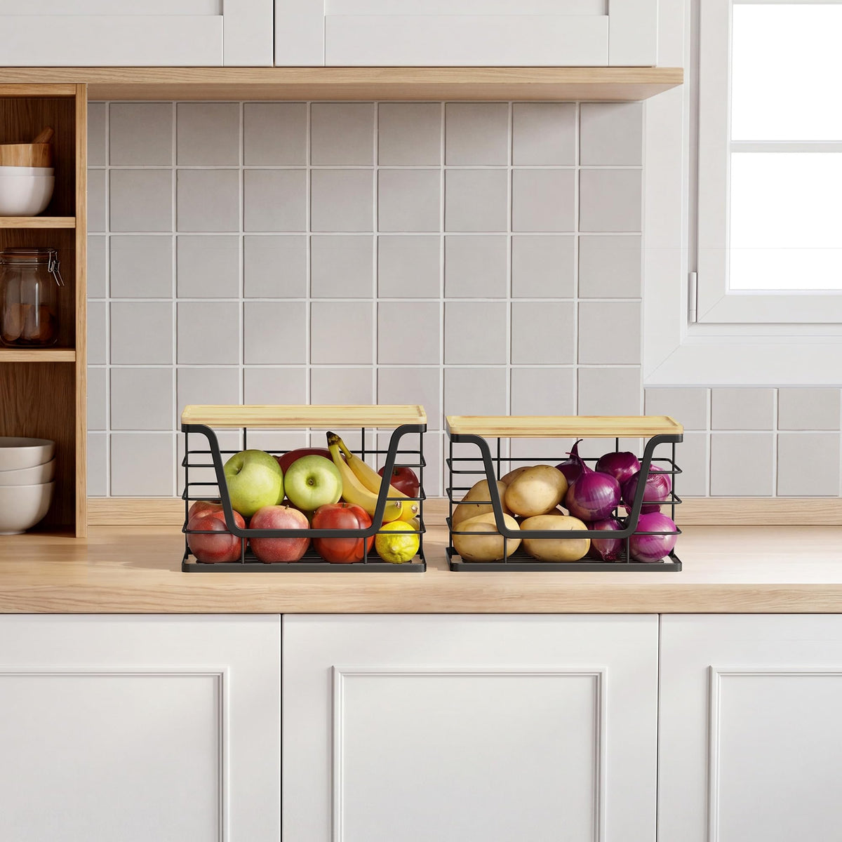 2 Pack Stackable Wire Storage Basket with Bamboo Lid