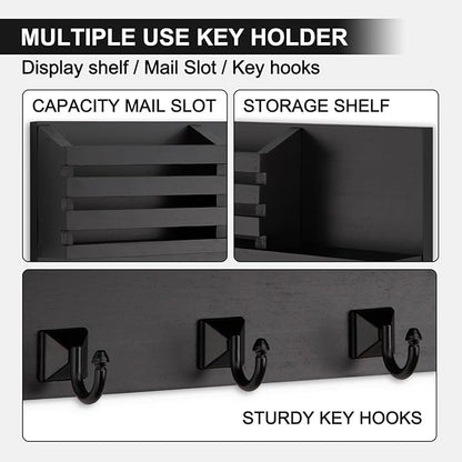 Key Holder Wall Mount, Mail Organizer for Wall with 5 Square Rustic Key Hooks Key Shelf Farmhouse Home Decor for Entryway