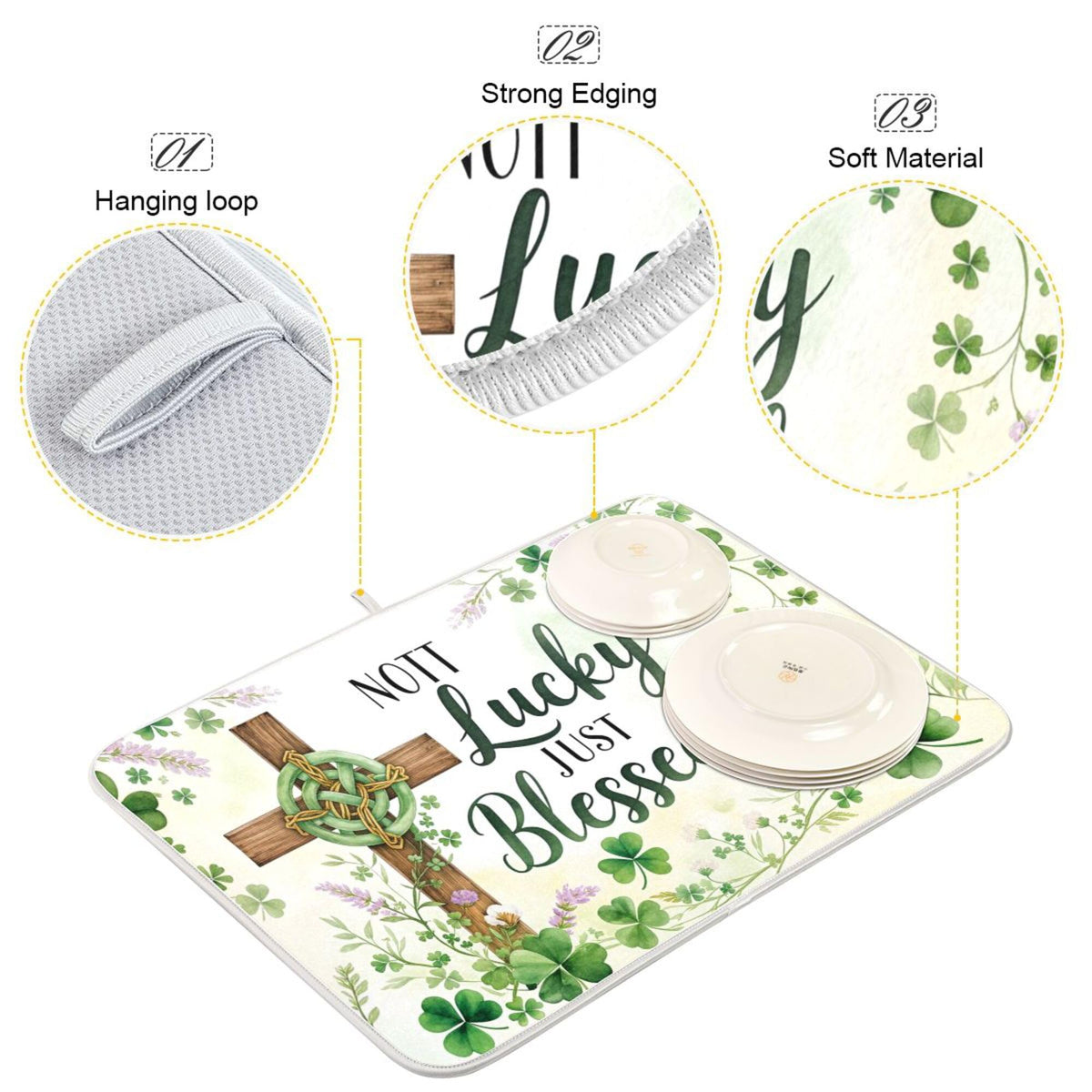 St.Patrick Days Dish Drying Mat for Kitchen Countertop 16x18 Green Shamrock Blessed Cross Small Drying Mat Reusable Quick Dry Dish Sink Mats Easy Clean Decorative Essentials