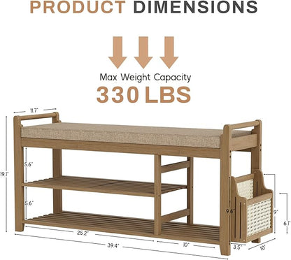 Homaxy 2-Tier Shoe Rack Bench with Side Holder, 39.4 in Bamboo Entryway Bench, Shoe Rack Organizer with Cushion for Front Entrance, Hallway Living Room Bedroom, Walnut and Light Brown