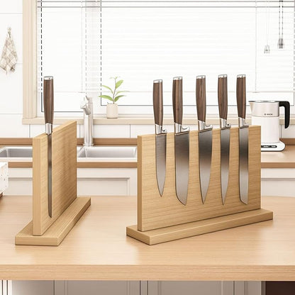 THMINS Magnetic Knife Block, 16 x 9 Inch Double-Sided Wooden Knife Holder for Kitchen Counter, Extra Large Magnetic Knife Stand and Storage Organizer