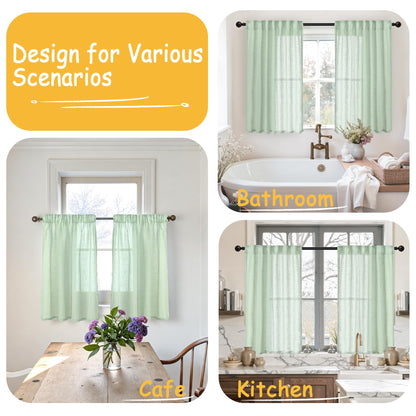 Light Green Linen Semi Sheer Curtains 40 Inch Length for Kitchen Window (2 Count)