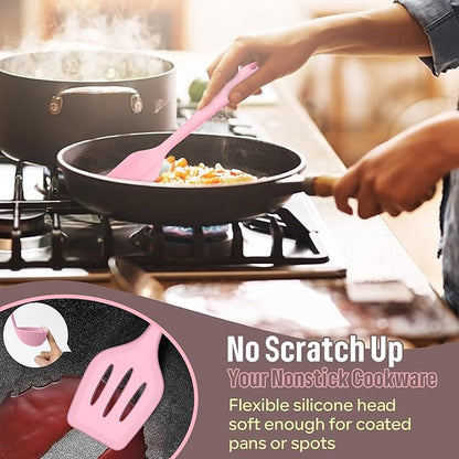 E-far Silicone Cooking Utensils Set, 7-Piece Pink Heat Resistant Kitchen Utensils Set, Kitchen Nonstick Tools Spatula Ladle Spoon Pasta Server for Non-stick Cookware, Non-Toxic & Dishwasher safe