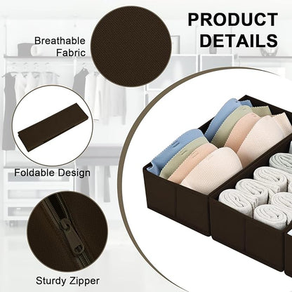 DIMJ Drawer Organizer Clothes, Underwear Drawer Organizer, Set of 4 Foldable Closet Drawer Bins, Fabric Drawer Dividers for Baby Clothes, Socks, Belt, Tie (Brown)