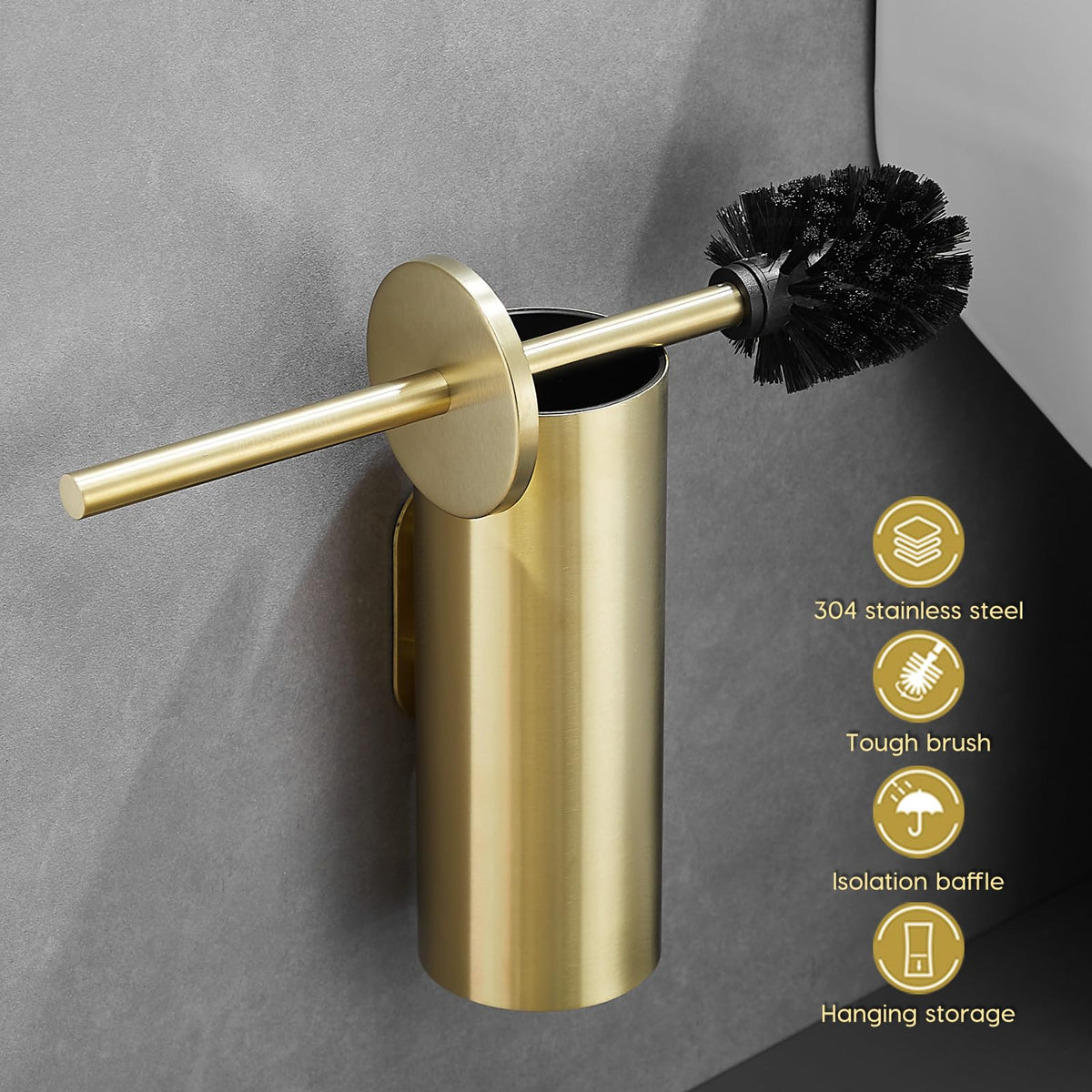 Brushed Gold Stainless Steel Wall Mounted Toilet Brush and Cover