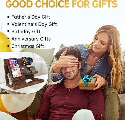 Gifts for Men Wood Phone Docking Station Birthday Gift for Men Valentines Day Gifts Father Gift for Him Boyfriend Nightstand Organizer Desktop Phone Stand