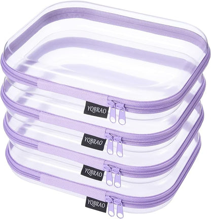 YQBRAO 4-Pack Clear Diaper Bag Organizer Pouches, 1.2mm Ultra-Thick PET Travel Pouches for Toiletries & Makeup, Rigid Self-Standing Bags with YKK Zippers, TSA Approved (Purple)