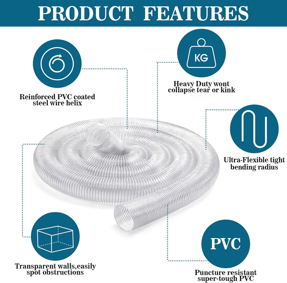 2.5 inches 30 ft PVC Dust Collection Hose with Stainless Steel Clamps Set Flexible Clear Vacuum Puncture Resistant Fume Hose for Vacuums Cleaner Fume Dust Collection System