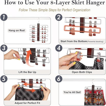 HOUSE DAY Skirt Hangers Space Saving 1 Pack, Double Row 4-Tier Non-Slip Hangers with Clips for Skirts, Shorts, and Pants - Lotus Wood Clip Hanger for Women - Closet Organizers and Storage (Mahogany)
