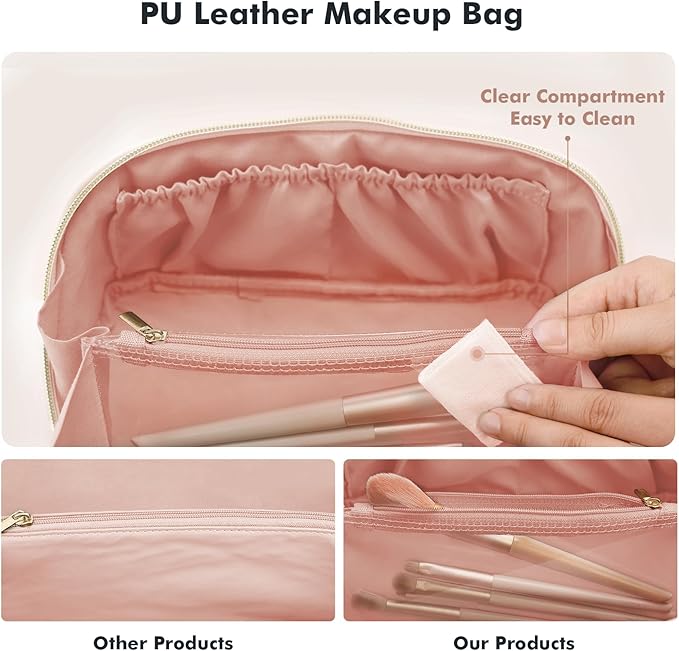 Prite Makeup Bag for Women Travel Waterproof Vegan Leather Cosmetic Bag Open Flat Toiletry Bag With Clear Divider and Handle (Pink, Medium)
