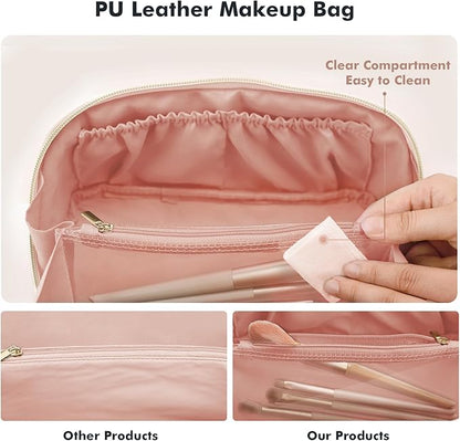 Prite Makeup Bag for Women Travel Waterproof Vegan Leather Cosmetic Bag Open Flat Toiletry Bag With Clear Divider and Handle (Pink, Medium)