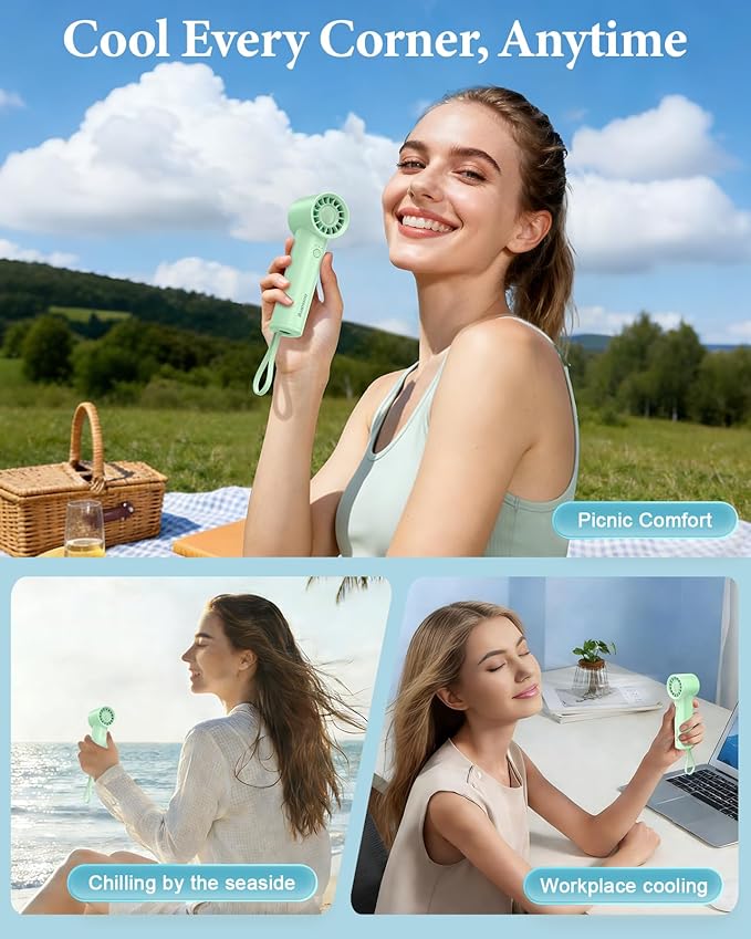 Portable Handheld Fan with Power Bank(High-Speed),3 IN 1 USB Rechargeable Mini Personal Fan with Flashlight,Small Size for Outdoor/Travel/Beach/Concerts/Summer.Gifts for Girl,Women.Green