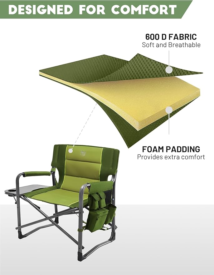 Timber Ridge XXL Upgraded Oversized Directors Chairs with Foldable Side Table, Detachable Side Pocket, Heavy Duty Folding Camping Chair up to 600 Lbs Weight Capacity (Green) Ideal Gift