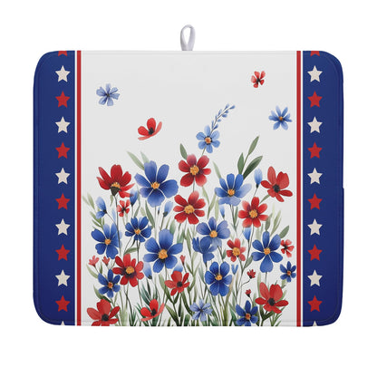4th of July Dish Drying Mats for Kitchen Counter Patriotic Star Microfiber Absorbent Dish Drainer Rack Mat Summer Floral Independence Day Protector Sinks Dishes Pad for Countertop Table Decor 16”x18”