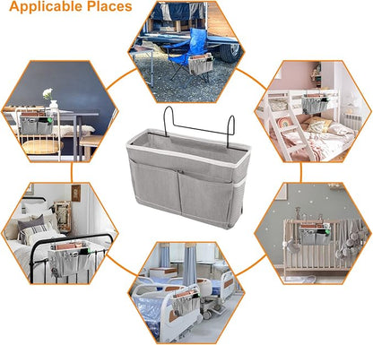 Surblue Bedside Caddy Bedside Storage Bag Hanging Organizer for Bunk, Hospital Beds, Dorm Rooms Bed Rails Camp 4 Pockets and 2 Hooks (Grey)